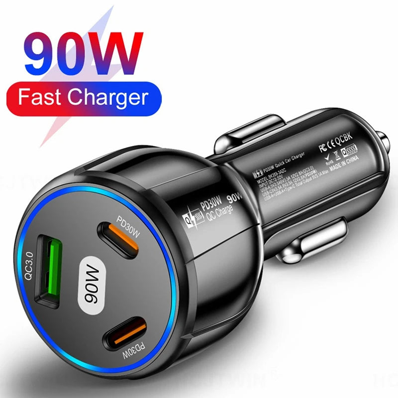 90W QC3.0 PD Type C USB Car Charger 3-in-1 Fast Charging for IPhone 14 Xiaomi Samsung Charger Cigarette Lighter Adapter Charger