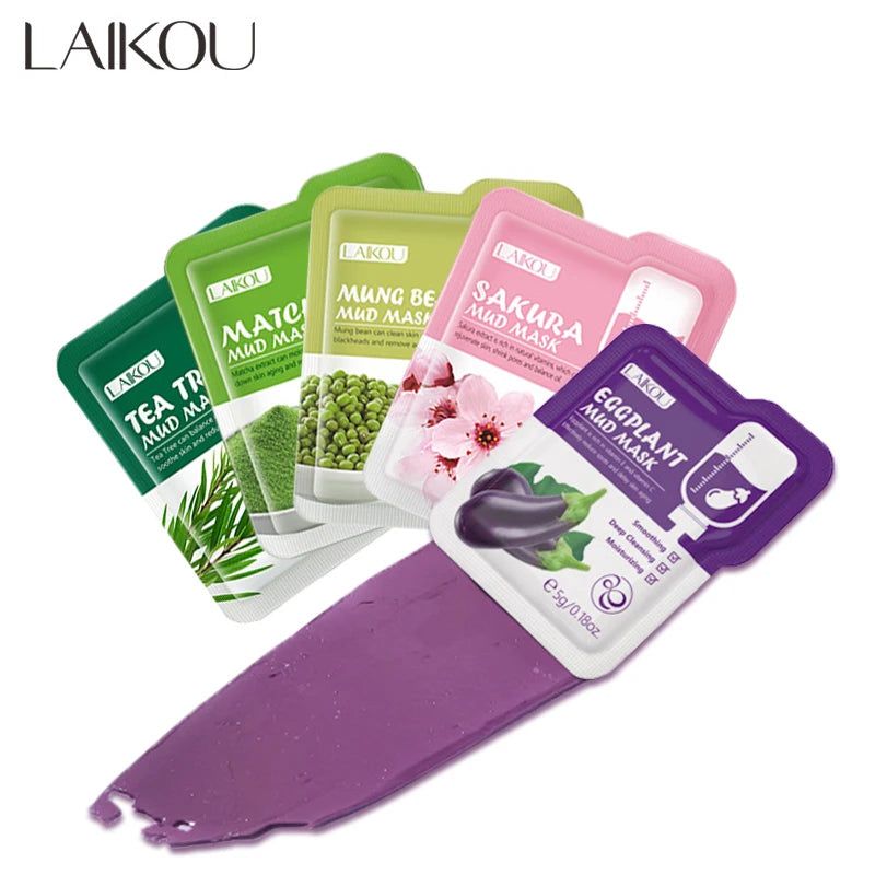 LAIKOU 5pcs Mud Mask Clay Mask Sakura Matcha Eggplant Tea Tree Mung Bean Oil-Control Deep Cleansing Repairing Facial Skin Care