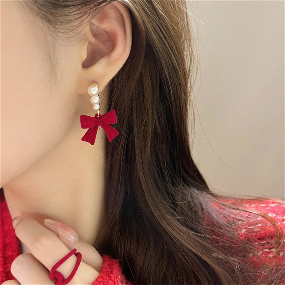 Bulbusbow Red Black Bowtie Earrings for Women and Girls with Simulated Pearls - Geometric Drop Earrings