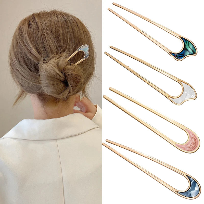 Bulbusbow Fashion Luxury Silver Gold Enamel Shell Hairpin – Elegant Geometric U Shape Metal Hair Stick for Women | Trendy Hair Accessories Jewelry by RaviMour