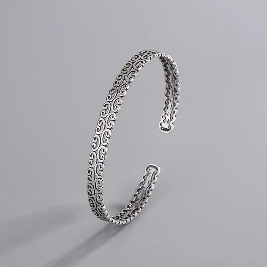 Ethnic Retro Hollow Out Auspicious Cloud Bangle 925 Sterling Silver Fashion Personality Flowers Exquisite Opening Bracelets