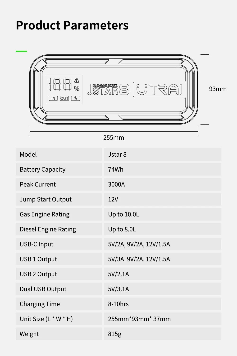 UTRAI  20000mAh Car Jump Starter Power Bank 3000A Car Booster Auto Emergency Starting Device Jump Start for Petrol Diesel