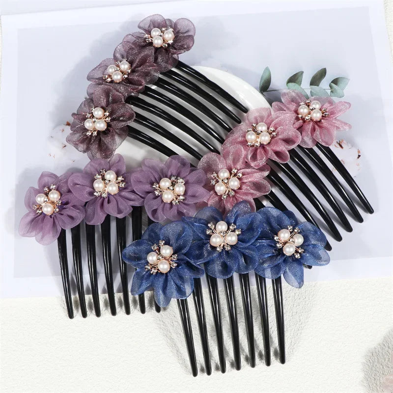 Fashion Flower Inserted Comb Hair Accessories for Women Retro Elegant Silk Seven Tooth Hairpin Mom's Headwear Tiara Hair Clips