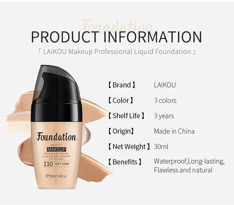 Bulbusbow 30ml Liquid Foundation Waterproof Makeup High Coverage Concealer Long-lasting Cover Dark Circle Brighten Matte BB Cream Cosmetic