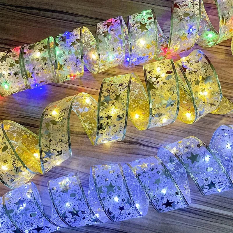 Christmas Decoration LED Ribbon Fairy Lights Christmas Tree Ornaments for Home 2025 DIY Bows Light String Navidad New Year 2025