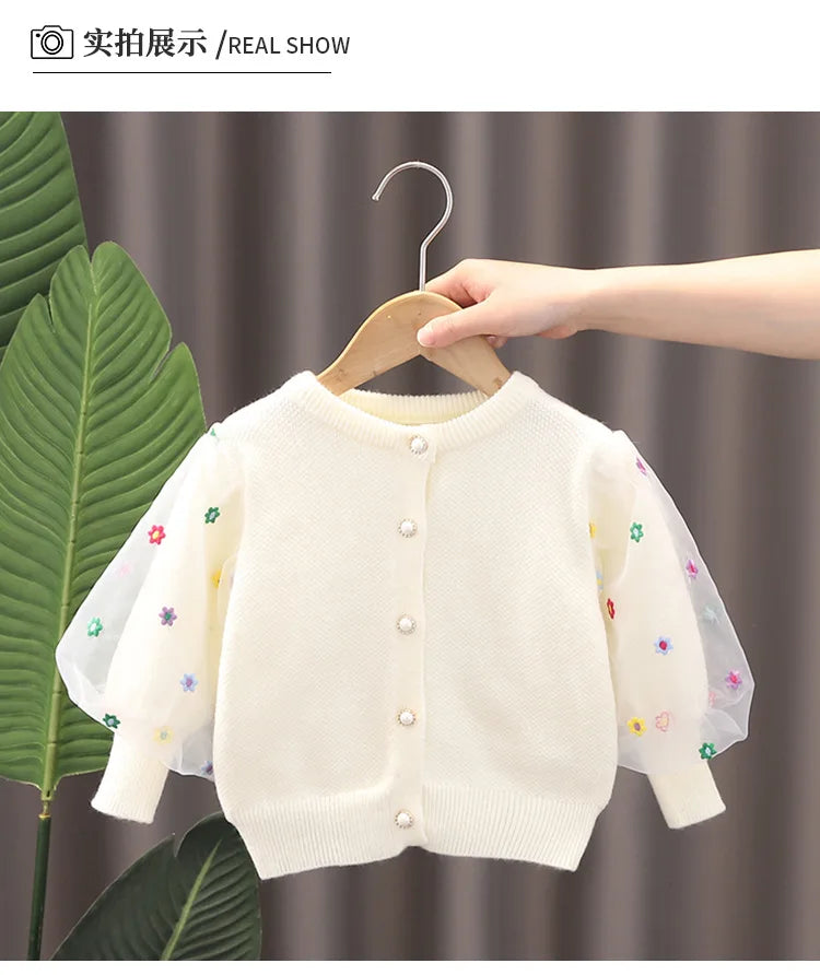 Spring Autumn Baby Girl Sweater Cardigan Cotton Round Collar Tulle Lantern Sleeve Kid Girl Coat Star Newborn Girl Knitwear Coats