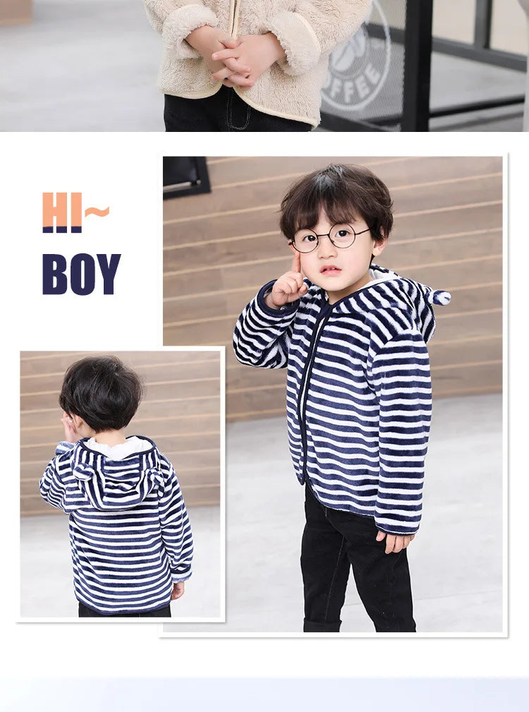 Bulbusbow Autumn Winter Childrens Coral Fleece Coat Thick Warm Hooded Long Sleeve Baby Boys Outerwears Plus Velvet Kids Boys Jacket