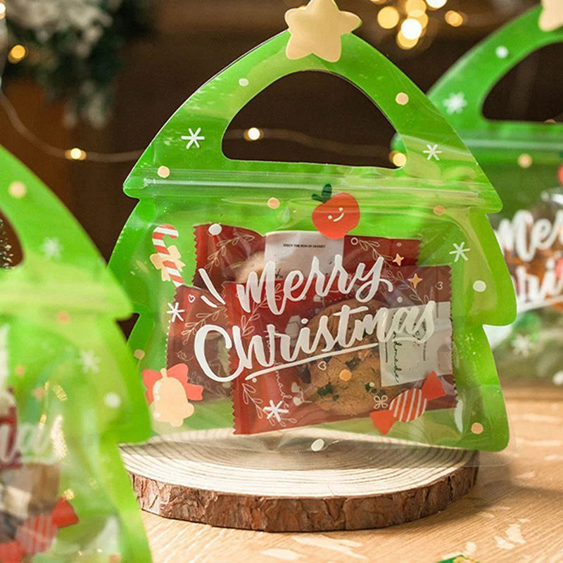 10Pcs Christmas Tree Handle Gift Bag For Candy Chocolate Cookie Nougat Biscuit Packing Gift Zipper Packaging Bags