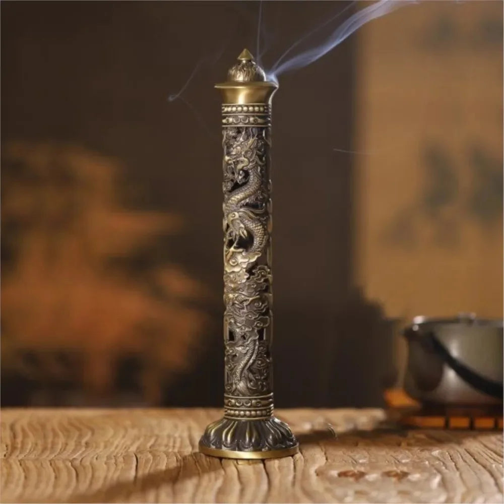 Retro Column Vertical Incense Burner Zen Buddha Heart Sutra Dragon Phoenix Vintage Pillar Incense Stick Holder Traditional Decor