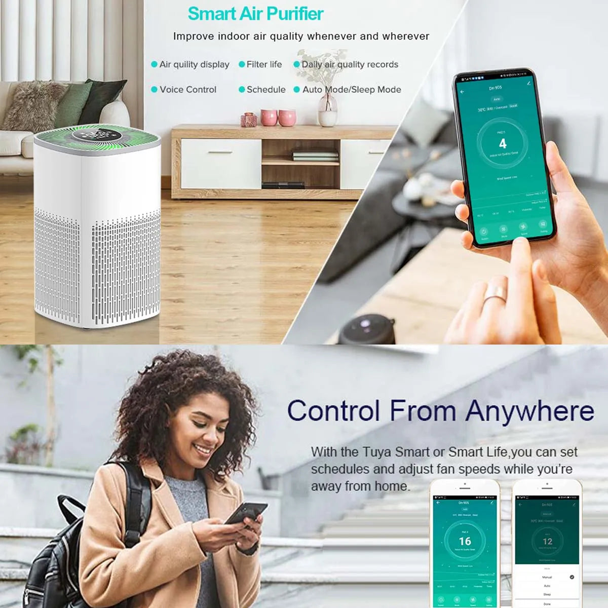 Mi APP Smart Air Purifier Tuya Alexa Remote Control Ozone Genrator HEPA Composite Filter Disinfection Machine For Home Purificad