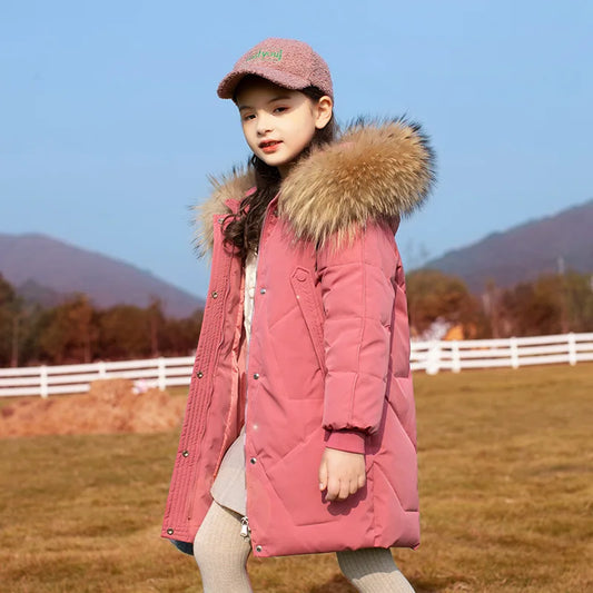 RAISE 2024 Winter Down Jackets For Grils 5-14Y Kids Junior Girl Parkas Real Raccoon Fur Solid Waterbreaker Babys Girls Outerwear