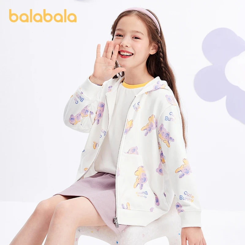 Balabala Kids Girl Jackets Spring and Autumn Hooded Rabbit Print Sweet Knitted Long-Sleeve Jacket