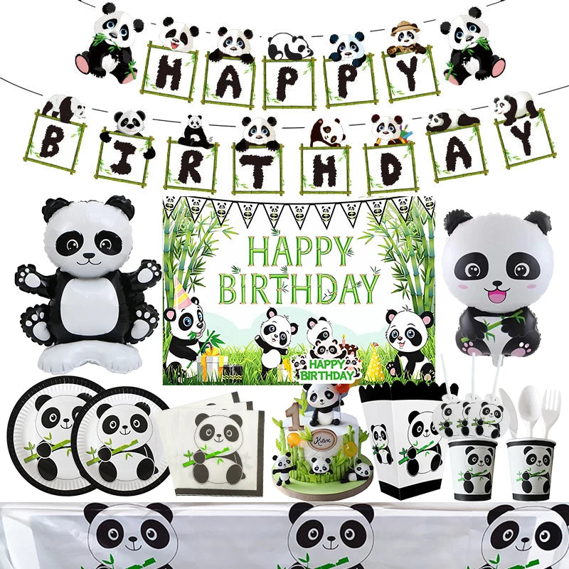 Cartoon Panda Them Birthday Party Balloons Panda Bamboo Tableware Background Happy Birthday Party Favors Decoration Supplies Kit