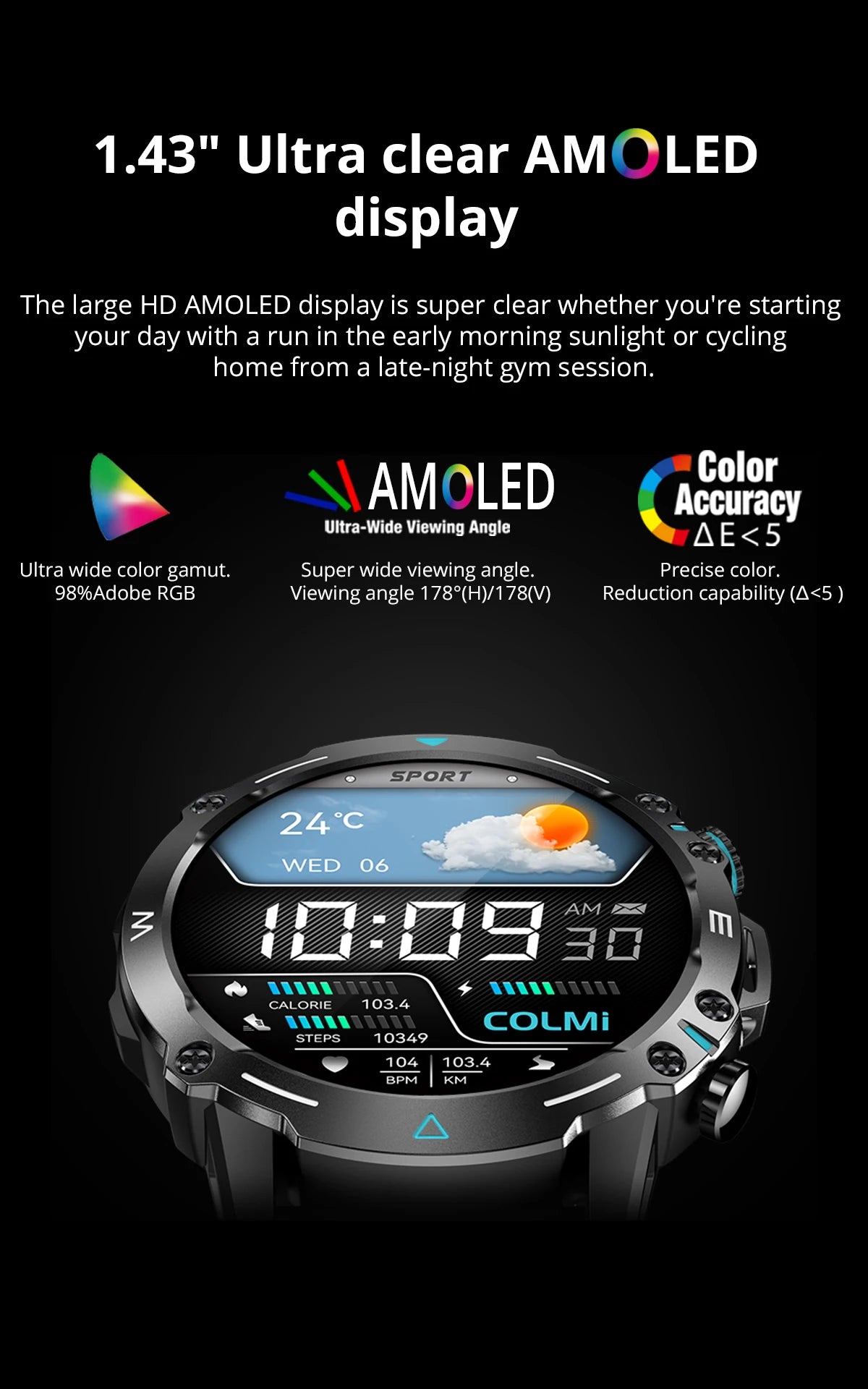 ساعة ذكية COLMI M42 بشاشة AMOLED مقاس 1.43 بوصة و100 وضع رياضي ومكالمات صوتية وساعة ذكية للرجال والنساء ذات متانة عسكرية