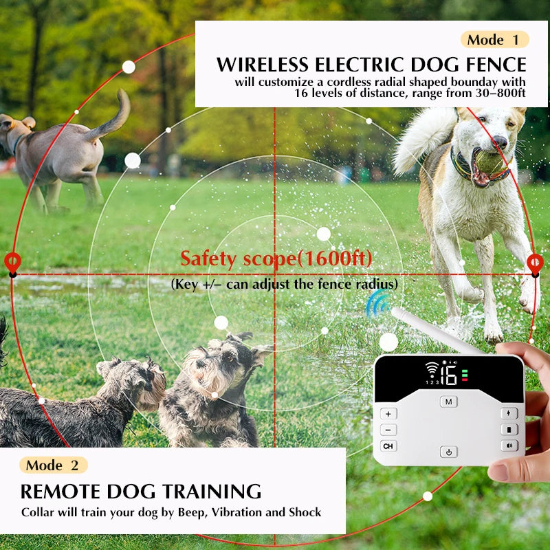 Dog Wireless Electric Fence & Training Collar 2 in 1 Shock Vibration Beep for All Puppy Invisible fence barrier for Pet Safe