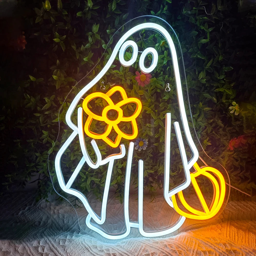 Cute Ghost Neon Sign Dimmable Led Lights Up Sign Halloween Decoration USB Powered For Home Party Living Room Shop Bar Wall Neon