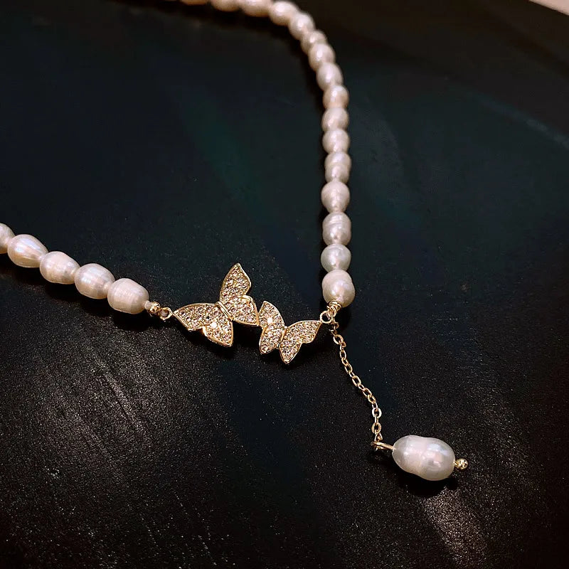 100% Natural Freshwater Pearl Sweet Butterfly Shiny CZ Zircon 14K Gold Filled Female Necklace Jewelry For Women Short Chains