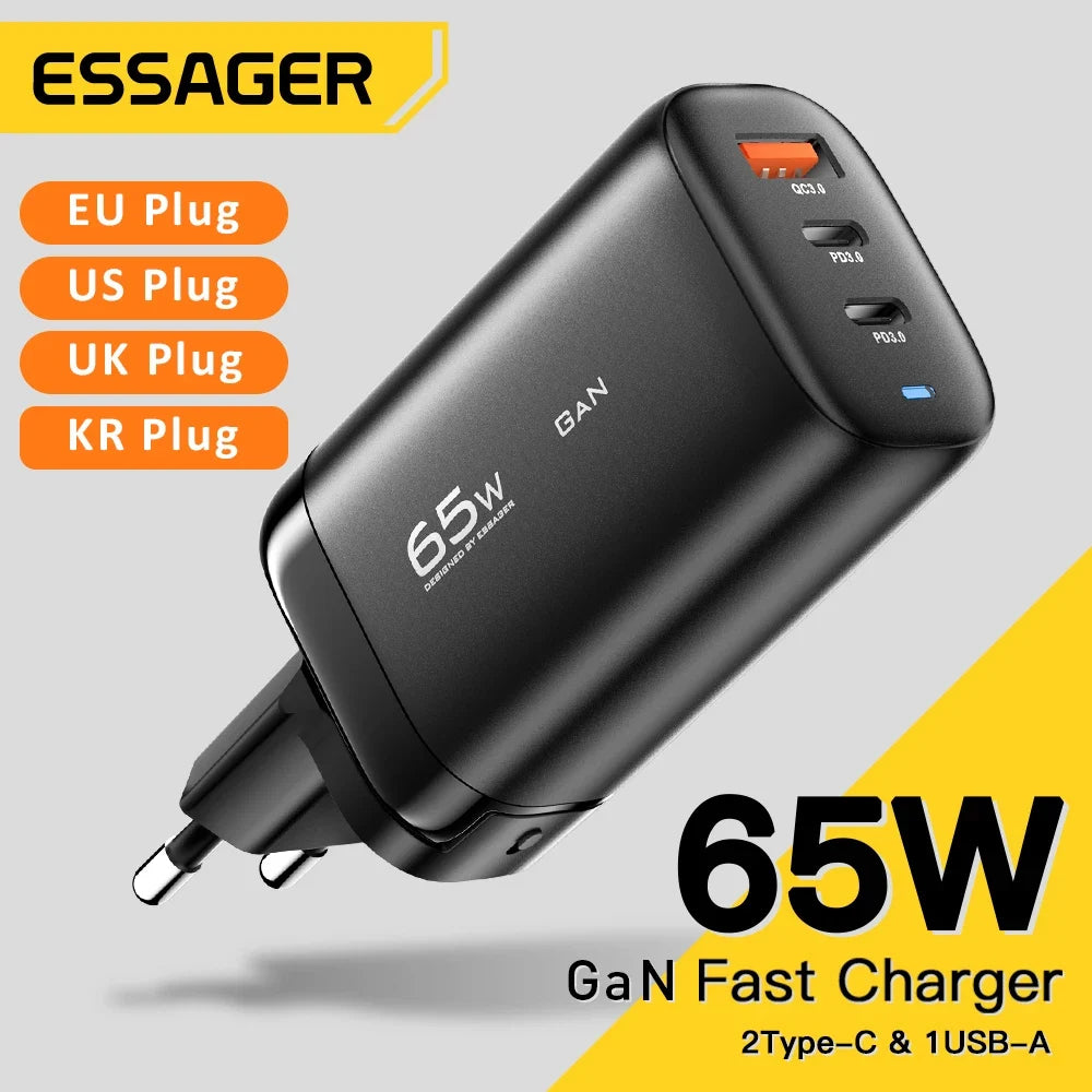 شاحن Essager 65W GaN USB Type C لأجهزة الكمبيوتر المحمولة PPS 45W 25W شحن سريع لهاتف Samsung QC3.0 PD3.0 لهاتف iPhone14 13 Pro