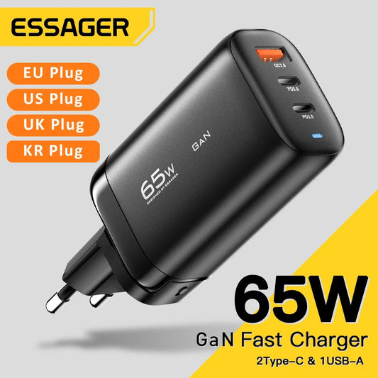 Essager 65W GaN USB Type C 充电器适用于笔记本电脑 PPS 45W 25W 快速充电器适用于三星 QC3.0 PD3.0 适用于 iPhone14 13 Pro 手机充电器