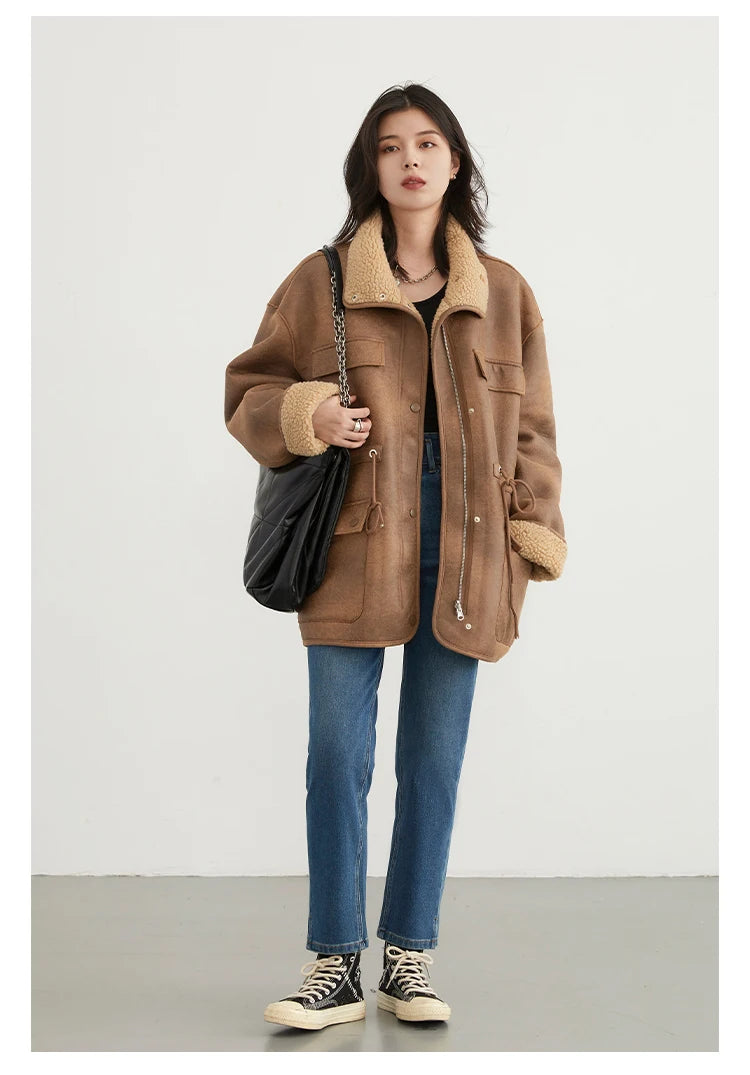 CHIC VEN Women's Jackets Thick Warm Solid Suede Reversible Jacket Motorcycle Outer Coat Loose Female Overcoat Winter Autumn 2023