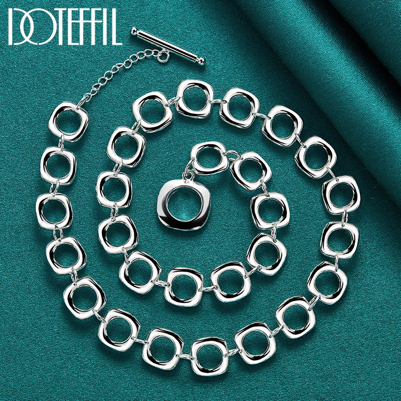 DOTEFFIL 925 Sterling Silver Square Round Chain Necklace For Women Man Charm Wedding Engagement Party Fashion Jewelry