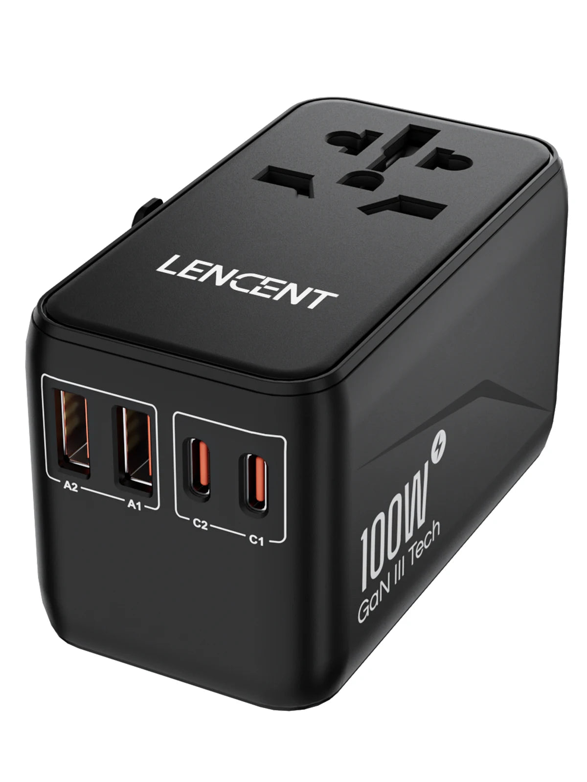 LENCENT 65W/100W GaN 国际旅行适配器，带 2USB 3 型 C GaN 快速充电适配器，带欧盟澳大利亚美国英国插头，适合旅行