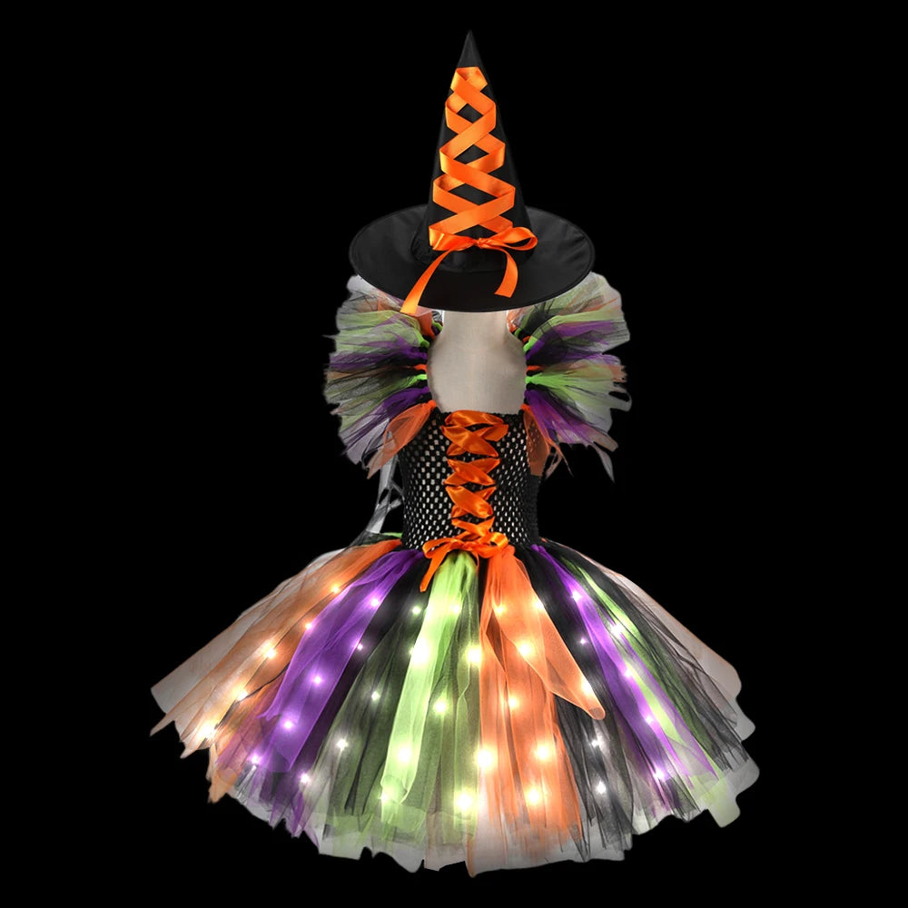 Halloween Cosplay Witch LED Luminous Costume for Baby Girl Children Carnival Party Gown Kids Witch Lights Up Dress Clothing Set