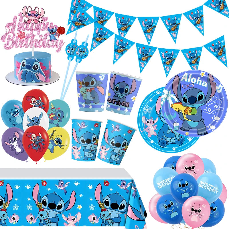 Stitch Disney Birthday Party Decorations Lilo And Stitch Balloons Backdrop Tableware Set Plates Cup Tablecloth Child Supplies