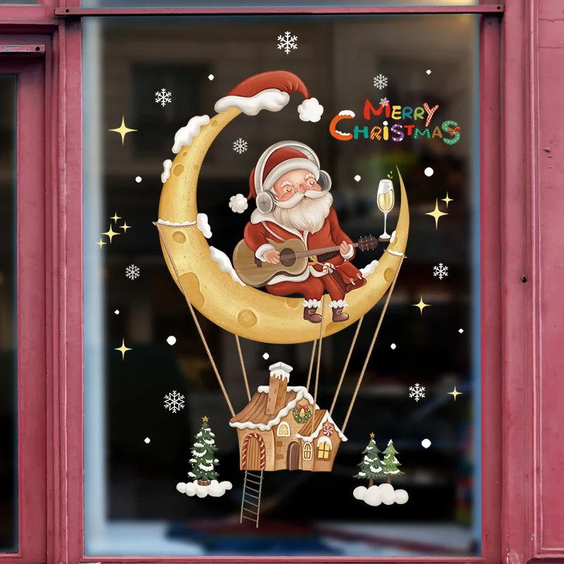 Cartoon Christmas Window Sticker Noel Glass Wall Decor Xmas Tree Static Electricity Sticker Moon Santa Elk Merry Christmas 2025