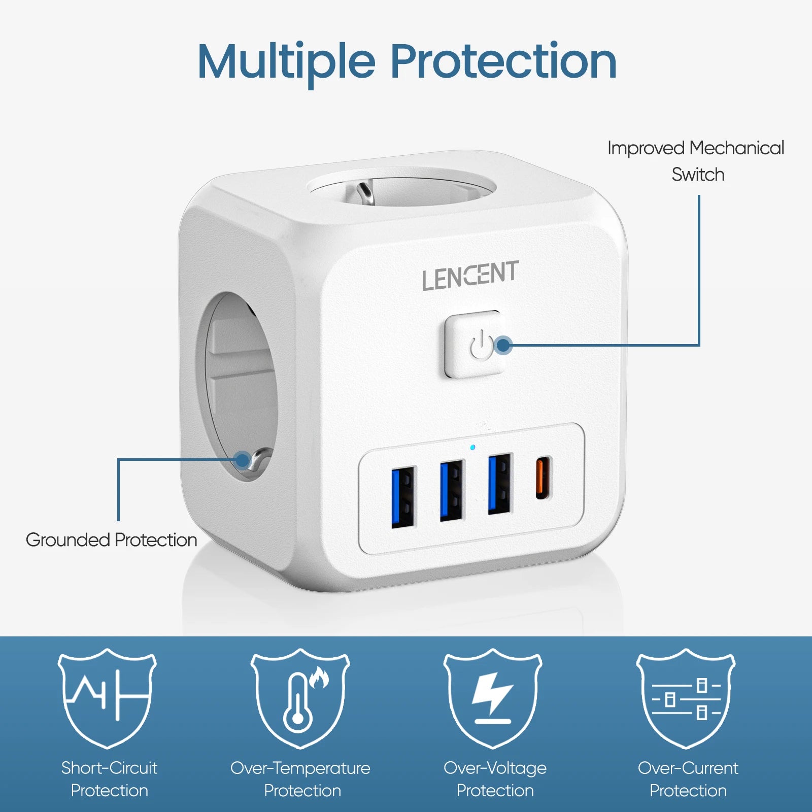 LENCENT Wall Socket Extender with 3 AC Outlets 3 USB Ports And1 Type C 7-in-1 EU Plug Charger On/Off Switch for Home