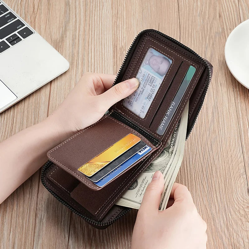 Leather Men’s Wallet Luxury Mens Purse Male Zipper Card Holders with Coin Pocket Rfid Wallets Gifts for Men Money Bag