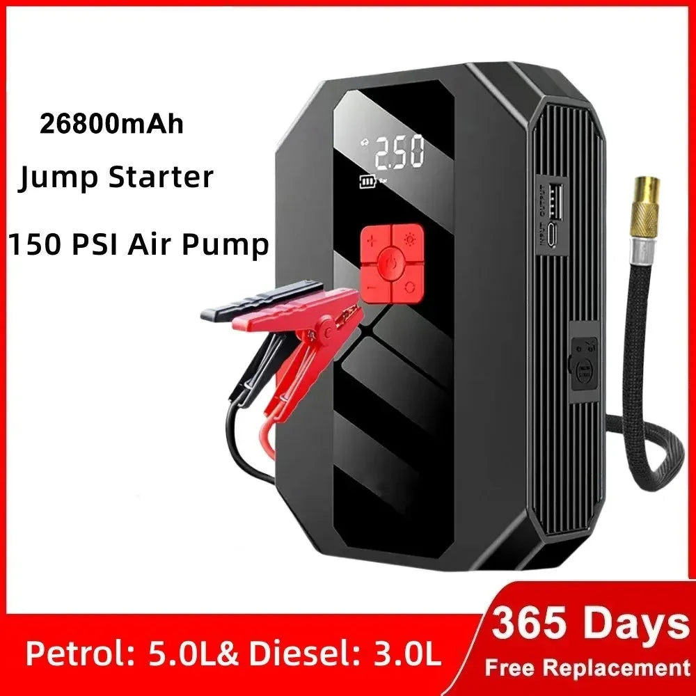 New 1200A 26800mAh Car Jump Starter 4 In 1 Pump Air Compressor Starting Device Power Bank 12V Digital Tire Inflator 150PSI