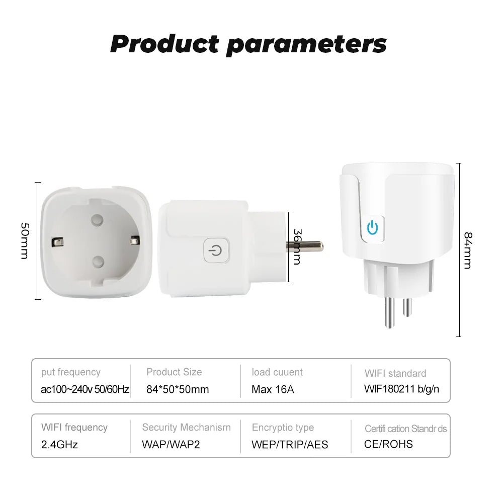 Tuya 16A 20A EU Smart Socket WiFi Smart Plug With Power Monitoring Timing Function Voice Control Alexa Google Assitant