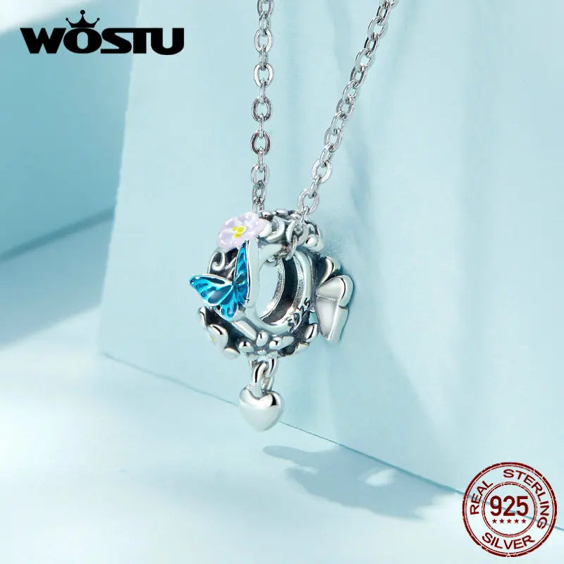 WOSTU 925 Sterling Silver Vintage Butterfly Charms Garden Pendant Blue Flower Bead Fit Original Bracelet DIY Jewelry Making