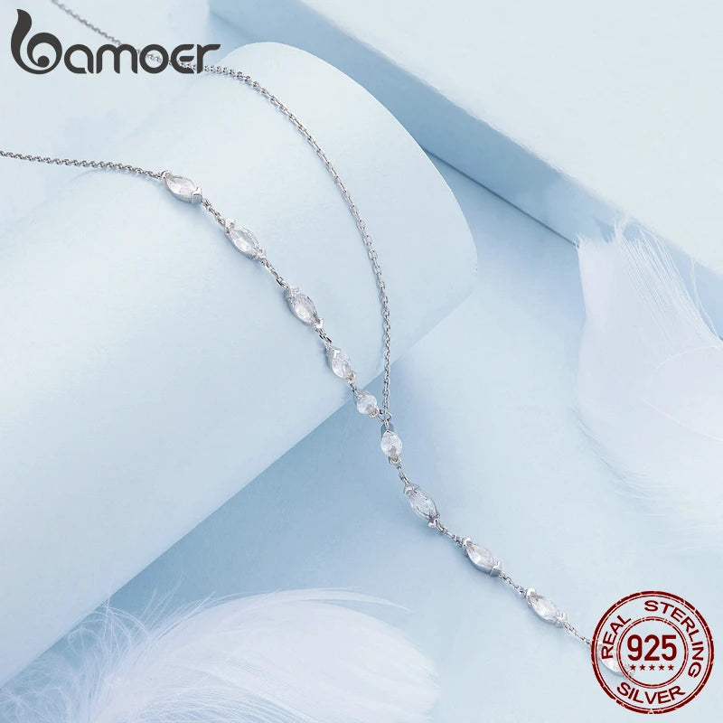 Bamoer 925 Sterling Silver Y-Shaped Pendant Necklace Shiny Waterdrop Long Chain Necklace for Women Engagement Wedding Gift