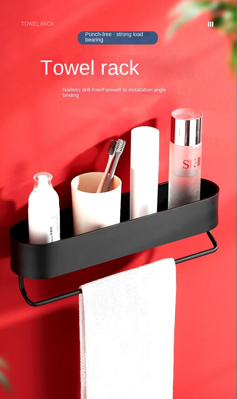 Nordic Bathroom Shelf Rack No Drill Wall Mounted Shelves Bath Towel Holder Black Shower Storage Basket Bathroom Accessories