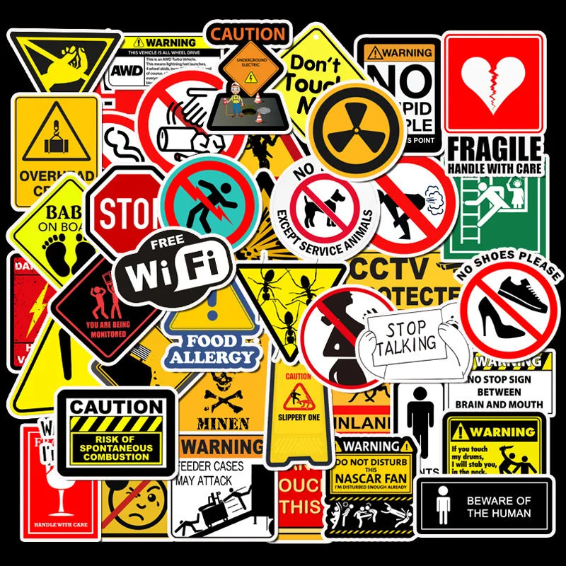 50pcs Funny Caution Sign Stickers Waterproof Desk Car Sticker Personalized DIY For Luggage Cup Skateboard