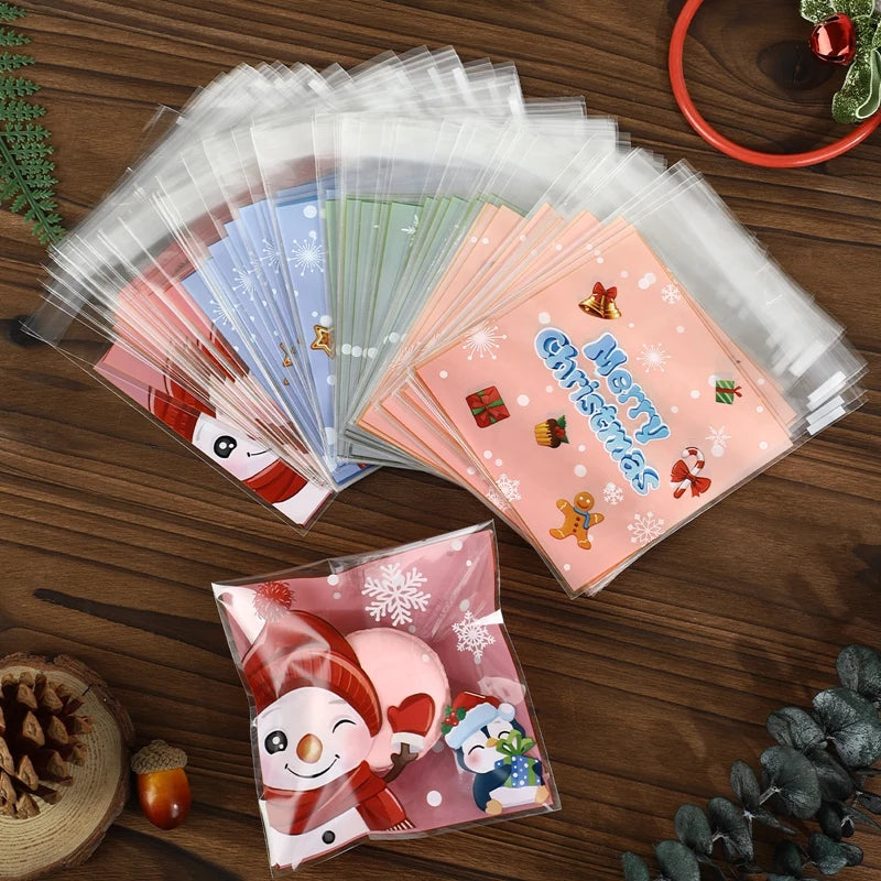 100pcs Christmas Candy Cookie Bags Self-Adhesive Gift Packaging Biscuit Snack Baking Bag Navidad Xmas Supplies New Year Party