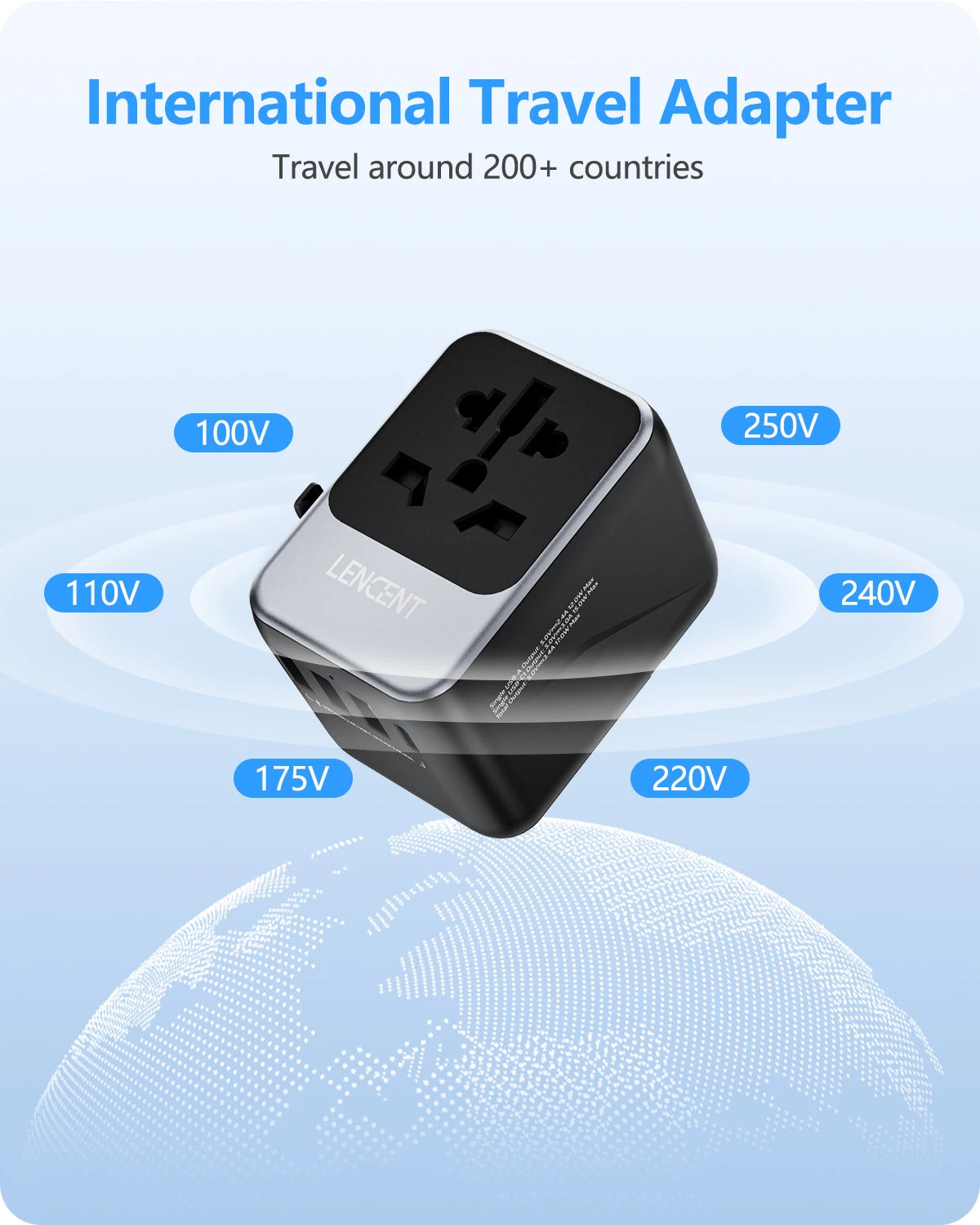 LENCENT Universal Travel Adapter with 3 USB Ports 1Type-C PD Charging All-in-one Travel Adapter EU/UK/USA/AUS Plug for Travel