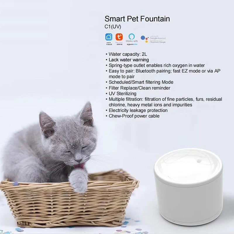 2L Tuya Wifi Smart Pet Water Fountain With Uv Sterilizing Automatic Drinker For Cats Pet Water Fountain  Motor Cats Or Puppy