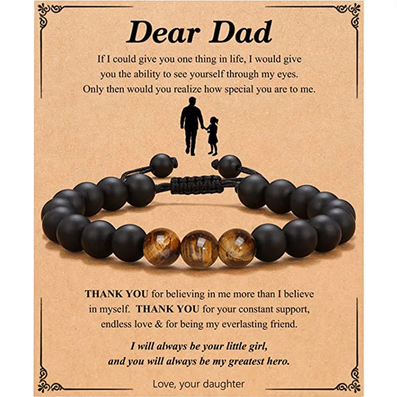 Dear Dad Tiger Eye Stone Bracelet for Daddy Gift Bracelet Men's Matte Black Beaded Bracelet Jewelry Birthday Christmas Gifts