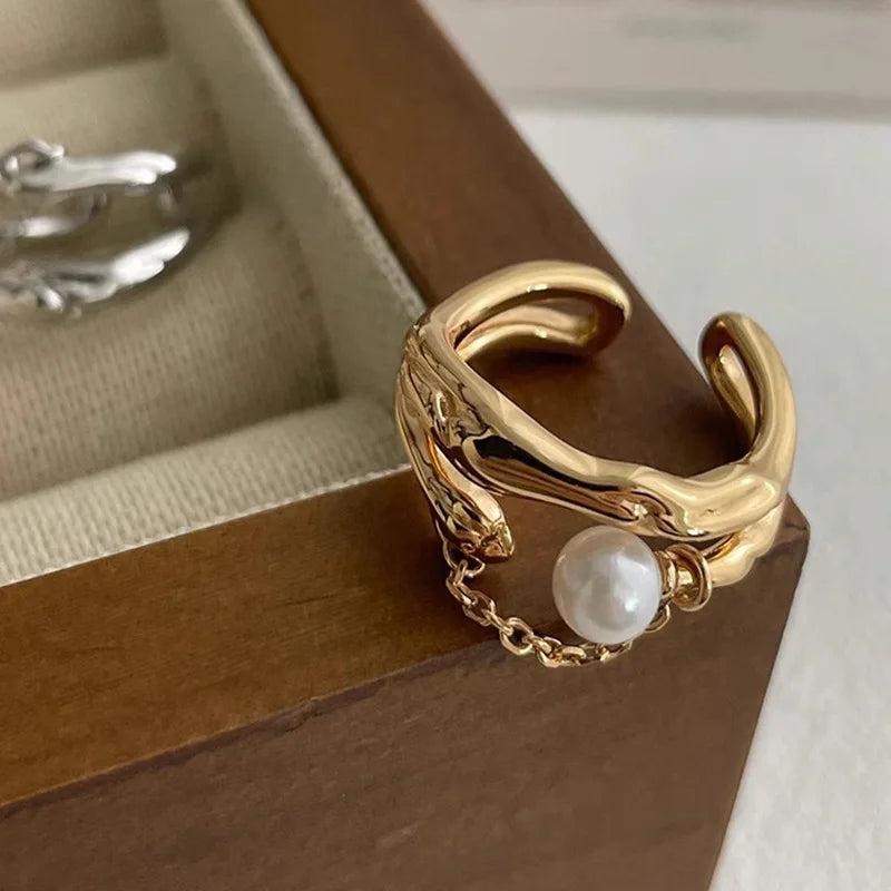 BF CLUB 925 Sterling Silver Ring For Women Jewelry Gold Pearl Finger Open Vintage Handmade Ring Allergy For Party Birthday Gift