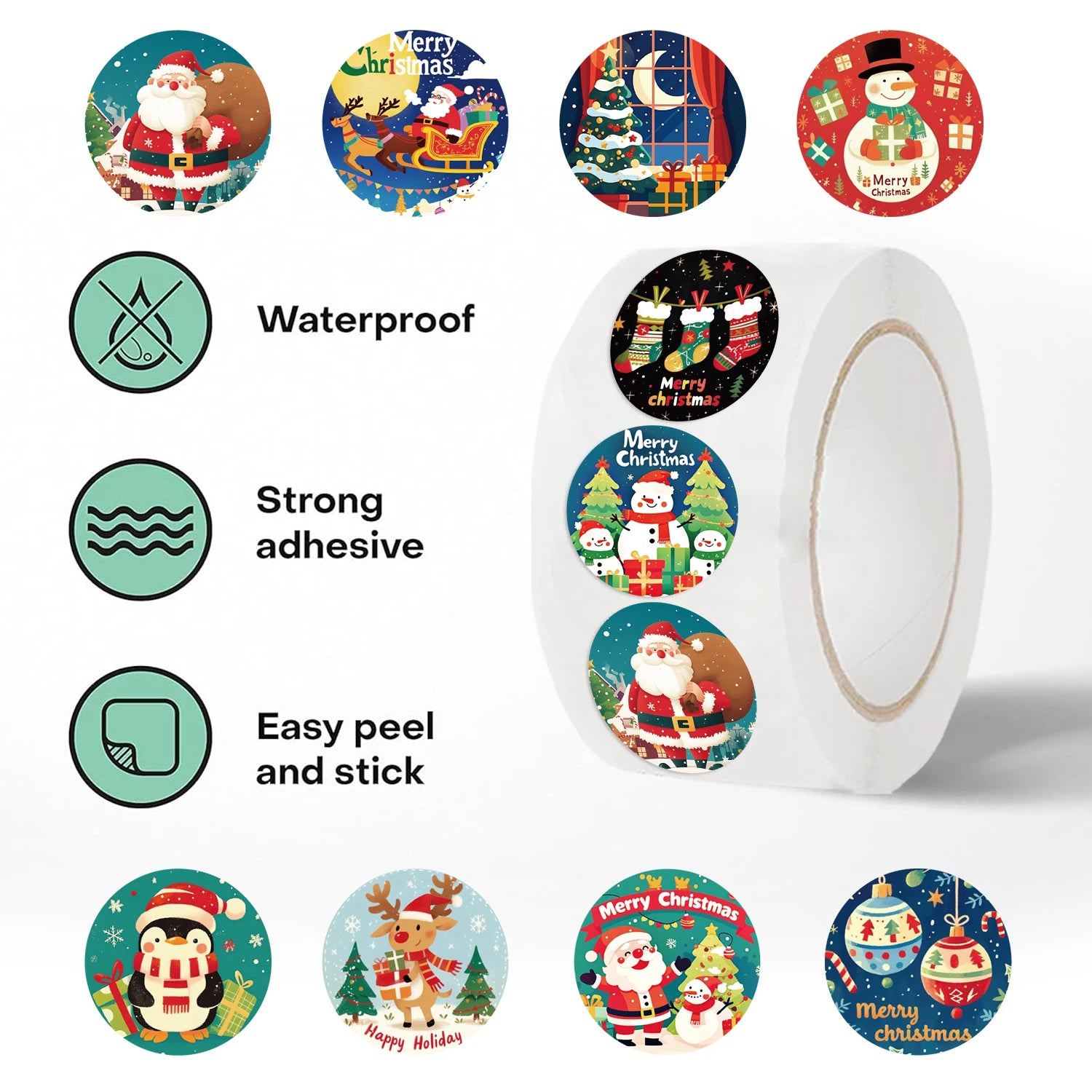 500PCS New Christmas Stickers Roll Small Children Stickers Cute Kawaii Cartoon Packaging Stickers Photocard Decor Lables for Kid