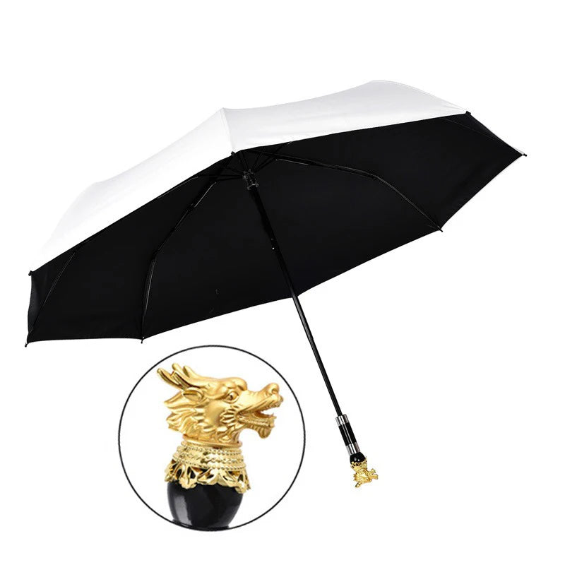 Creative Chinese Zodiac Umbrella Luxury Gold Metal Handle Three Folding Umbrella Male Female UV Sun Protection Umbrellas Parasol