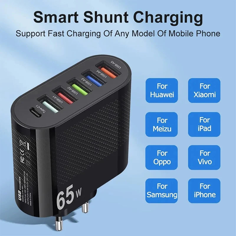 3.1A 5Ports USB Fast Charger PD Type C Charging Adapter For Xiaomi iPhone Samsung Mobile Phone Plug Charging QC 3.0 Wall Charger