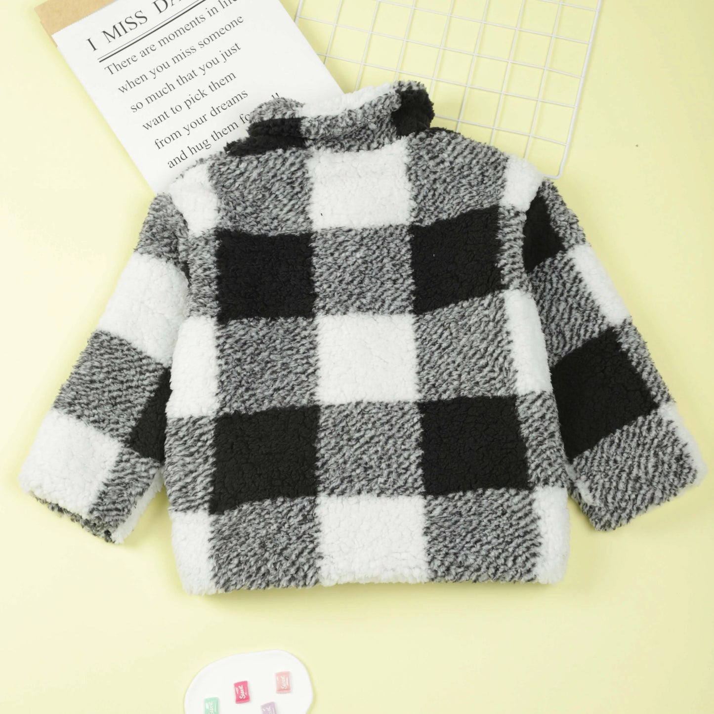 Teen/Kids Girls Stylish Plaid Pattern Teddy Jacket With Button Down Collar, Soft And Warm