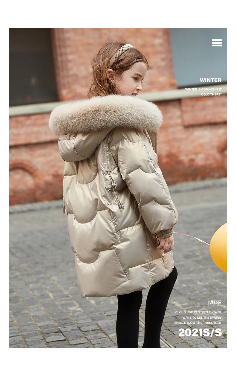 2024 Girl Winter Down Jacket Faux Fur Waterproof Hooded Long Girl Winter Outerwear Coat 5-16 Years Teenage Girl Parka Snowwear