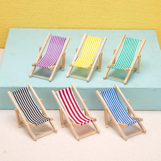 Dollhouse Miniature Items Wooden Beach Chair Model for Girl Mini Furniture Outdoor Reclining Chair Miniature Scene Accessories