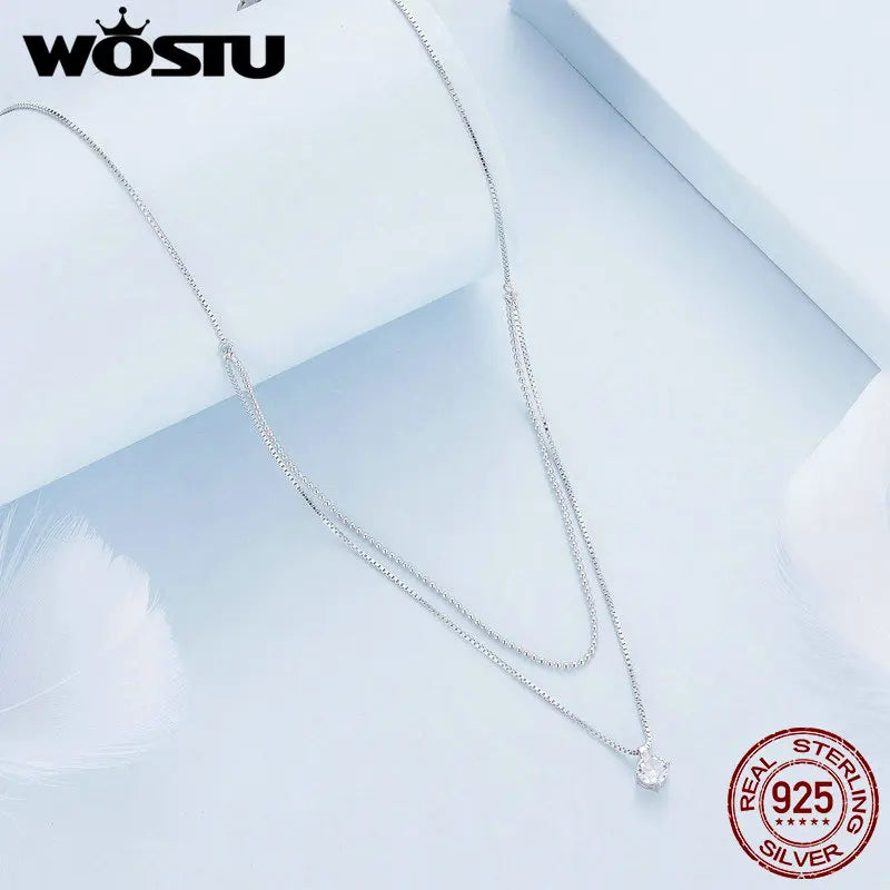 WOSTU 925 Sterling Silver CZ Double Layer Two in one Necklace For Women Beads Choker Box Chain Links Wedding Party Jewelry Gift