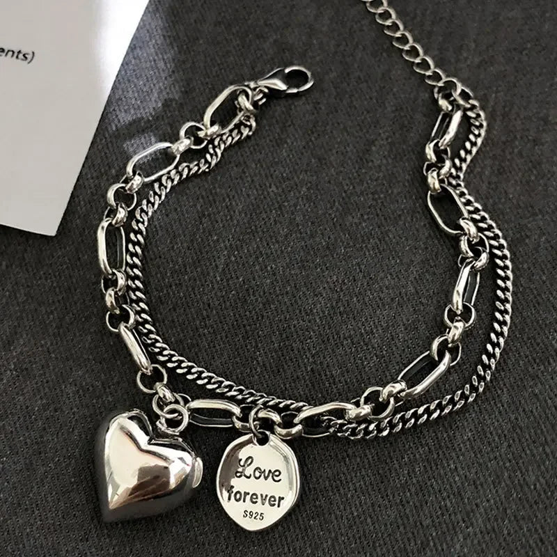 Elegant 925 Sterling Silver Love Letter Heart Double Layer Bracelet Female Unique Design Thai Silver Retro Light Luxury Jewelry